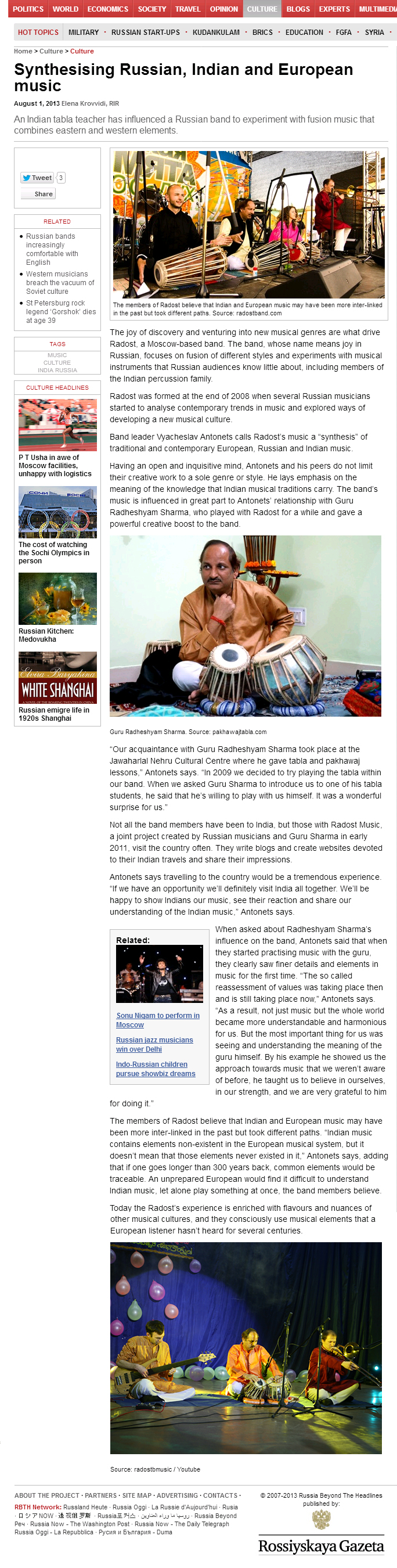 Article scan: Synthesising Russian, Indian and European music, Russia Beyond, August 7, 2012